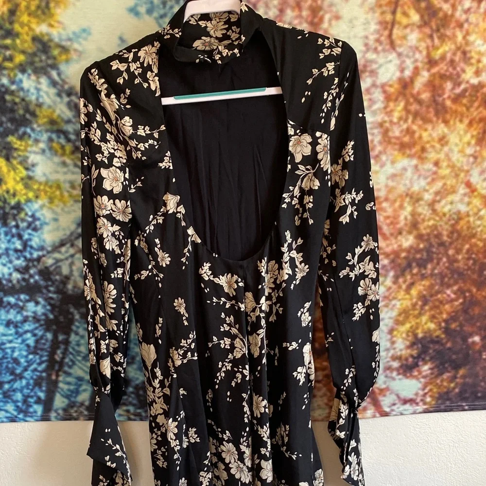 Free People Black and Cream Floral Backless Dress - Picture 2 of 14